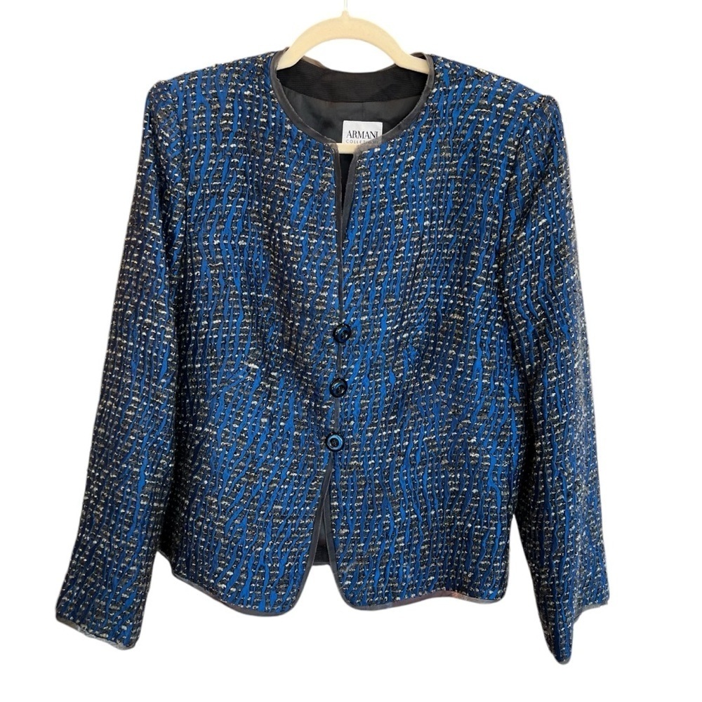 Armani Collezioni Textured Tweed Evening Blazer Jacket Blue Black 14 Cocktail